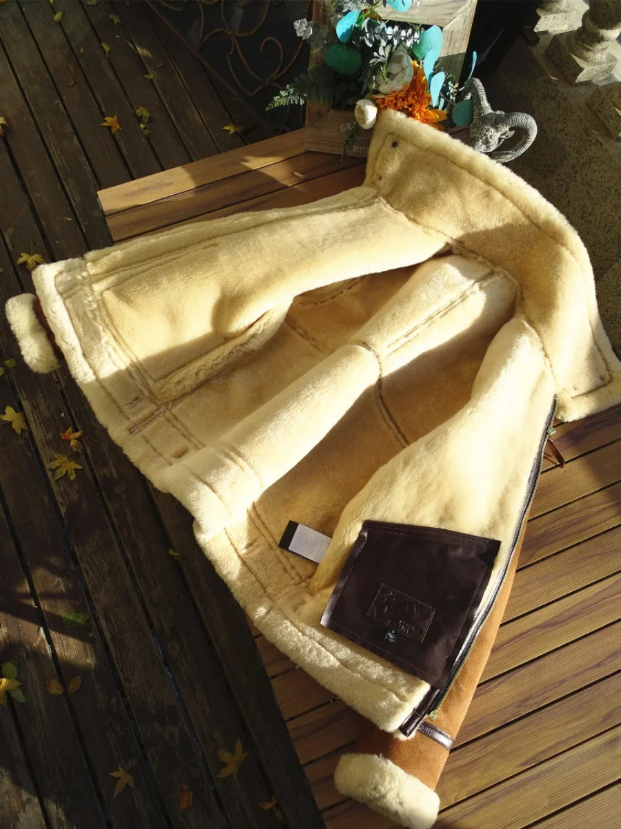 Light Brown Winter Shearling Jacket Men Retro Style Plus Size 4XL Genuine Natural Thick Sheepskin Warm Leather Coat