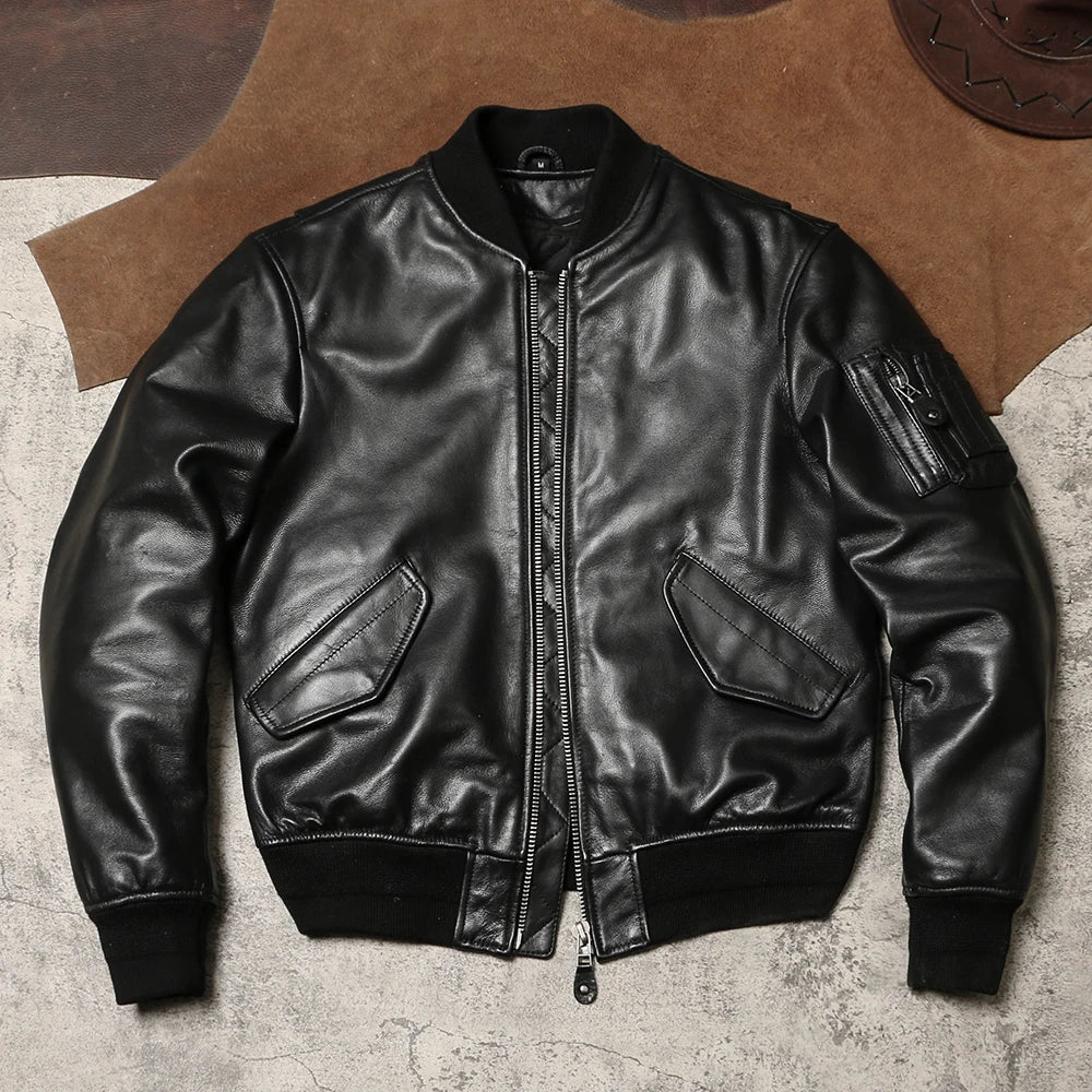 Black Winter Leather Jacket Men Military Style Plus Size 5XL Genuine Natural Sheepskin Thick Warm MA1 Flight Leather Coat