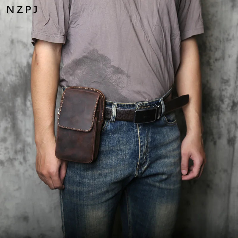 NZPJ Genuine Leather Men's Waist Bag Vintage Crazy Horse Leather Saddlebag Casual Top-Grain Cowhide Cell Phone Pouch