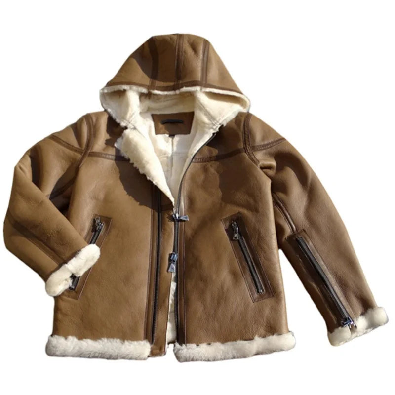 Brown Winter Hooded Shearling Jacket Men Casual Style Plus Size 5XL Genuine Natural Thick Sheepskin Warm Leather Coat
