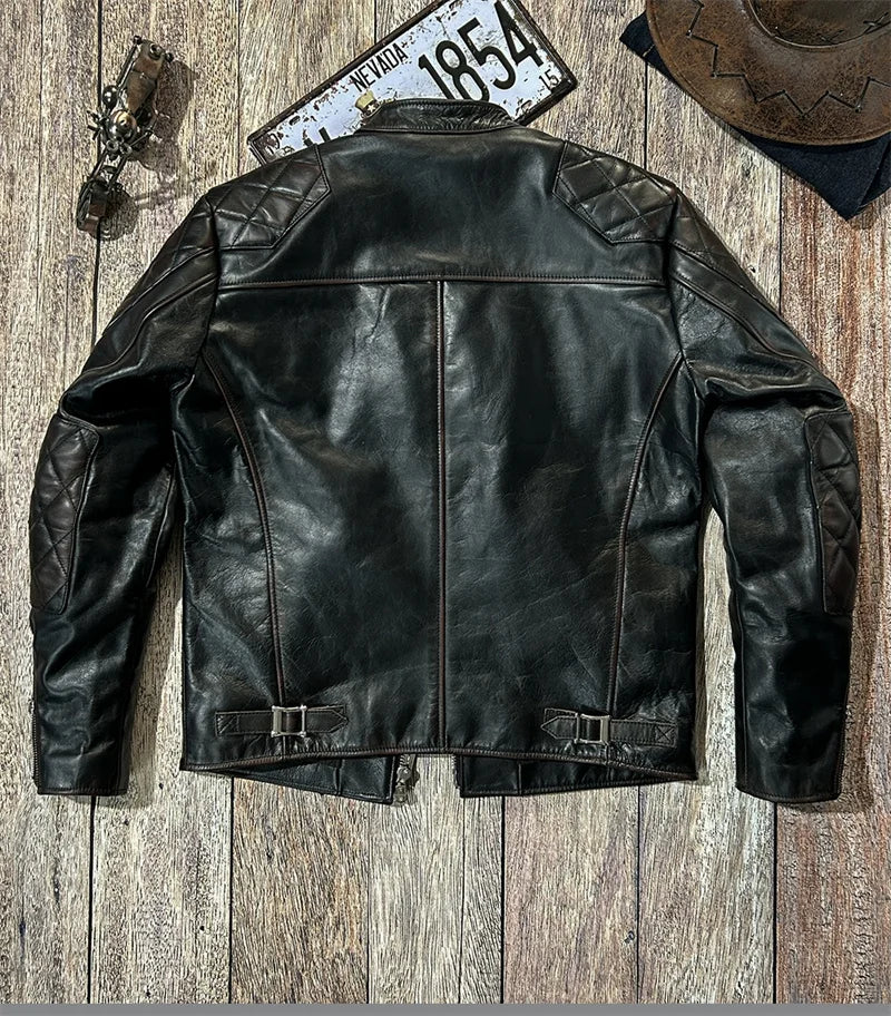 Black Winter Leather Jacket Men Vintage Style Plus Size 5XL Genuine Natural Cowhide Stand Collar Slim Fit Leather Coat