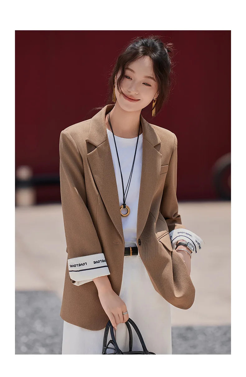Café Brown Women's Casual Fashionable Suit Jacket Elegant Atmosphere Spring Autumn Season Polyester Spandex Commute Style