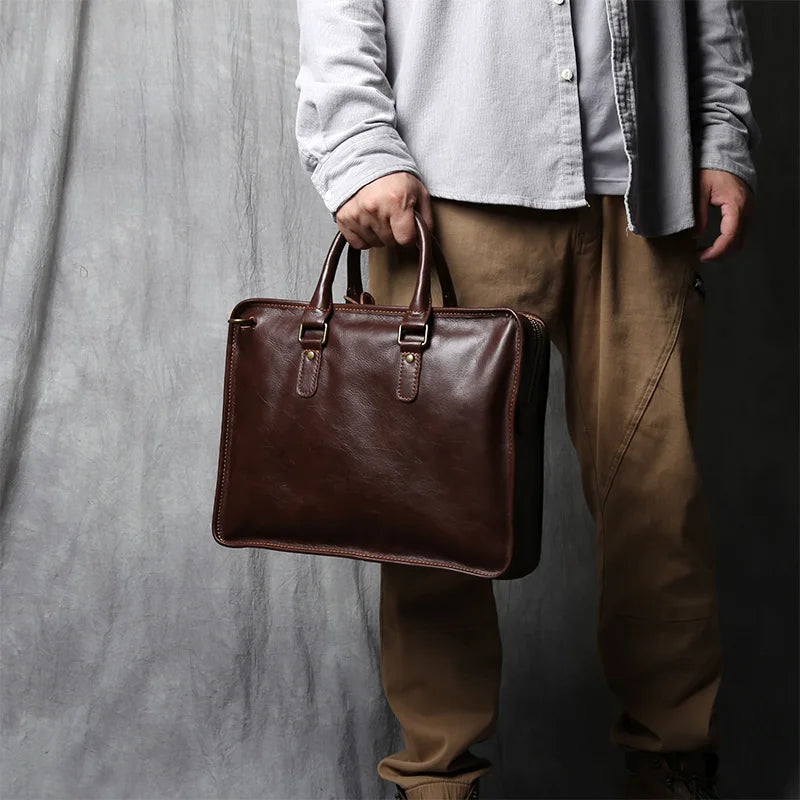 NZPJ Vintage Genuine Leather Men's Briefcase Natural Cowhide Handbag Casual Crossbody Bag Computer Suitable for 14 inch Laptops