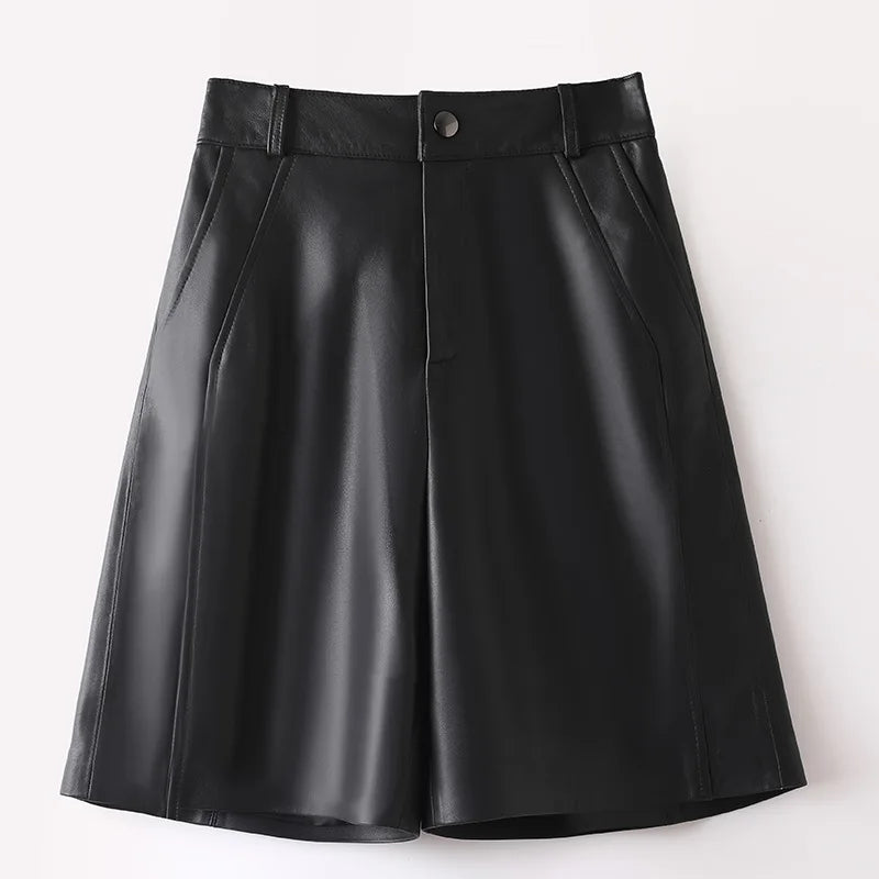 2025 PU Leather Shorts Women's Autumn Winter Loose A-Line High Waist Wide Leg Five-Quarter Length Slimming Comfortable Casual