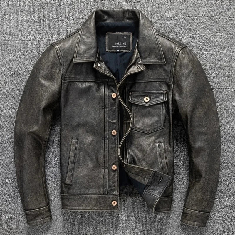 Black Spring Leather Jacket Men Vintage Style Plus Size 5XL Genuine Natural Cowhide Turn-Down Collar Single Breasted Coat