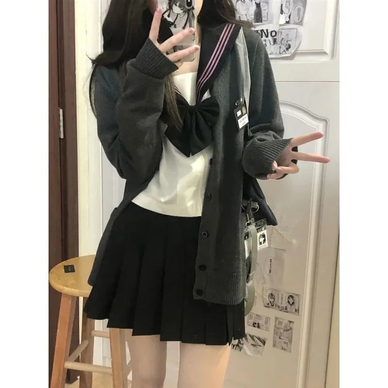 Women's Autumn/Winter Japanese Style Knitted Cardigan Sweater Preppy Style Long Sleeve Loose-Fit Top Layered Polo Collar