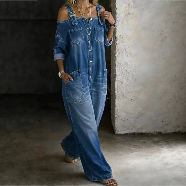 Sexy Fashion Shoulder Bared Denim Overalls with Pockets Wide Leg Street Style Loose Waist Cotton Blend Polyester Blend