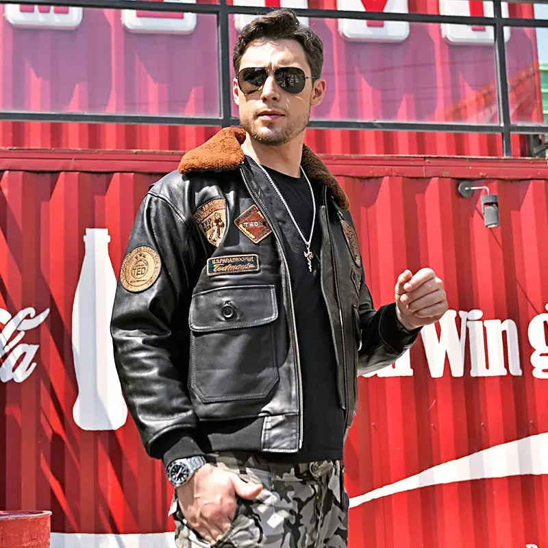 Black Winter Leather Jacket Men Retro Style Europe Size Genuine Natural Thick Sheepskin Turn-Down Collar Military G1 Flight Coat