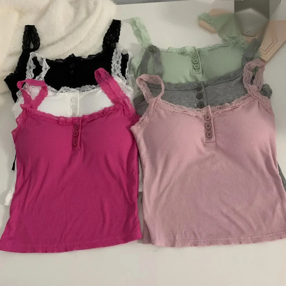 plus Size Lace Insert Camisole Tank Top with Chest Pad Inner Wear Outerwear Design Sense Bottoming Vest Big Size Women