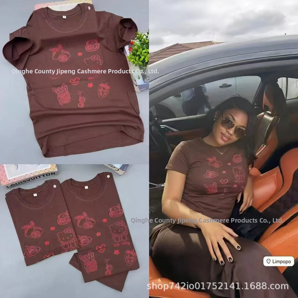 Loose Fit Embroidered Cotton T-Shirt Women's Shoulder Width round Neck Print Short Sleeve Cross-Border Half Sleeve Street Style
