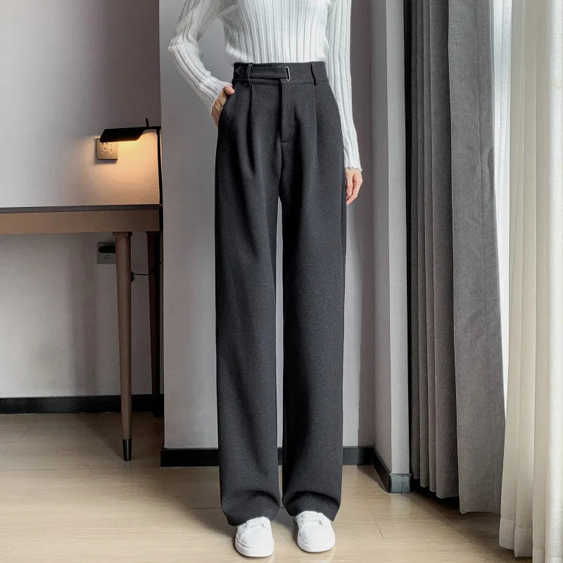 Thickened Fleece Lined Winter Wide Leg Pants High Waist Floor Length Straight Cut Casual Trousers for Women Woolen Suiting