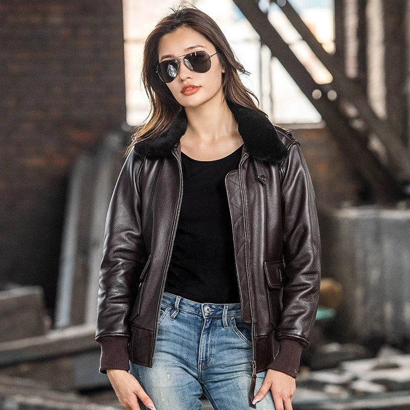 Dark Brown Autumn Leather Jacket Women Retro Style Plus Size 3XL Genuine Natural Cowhide Wool Collar Military G1 Flight Coat