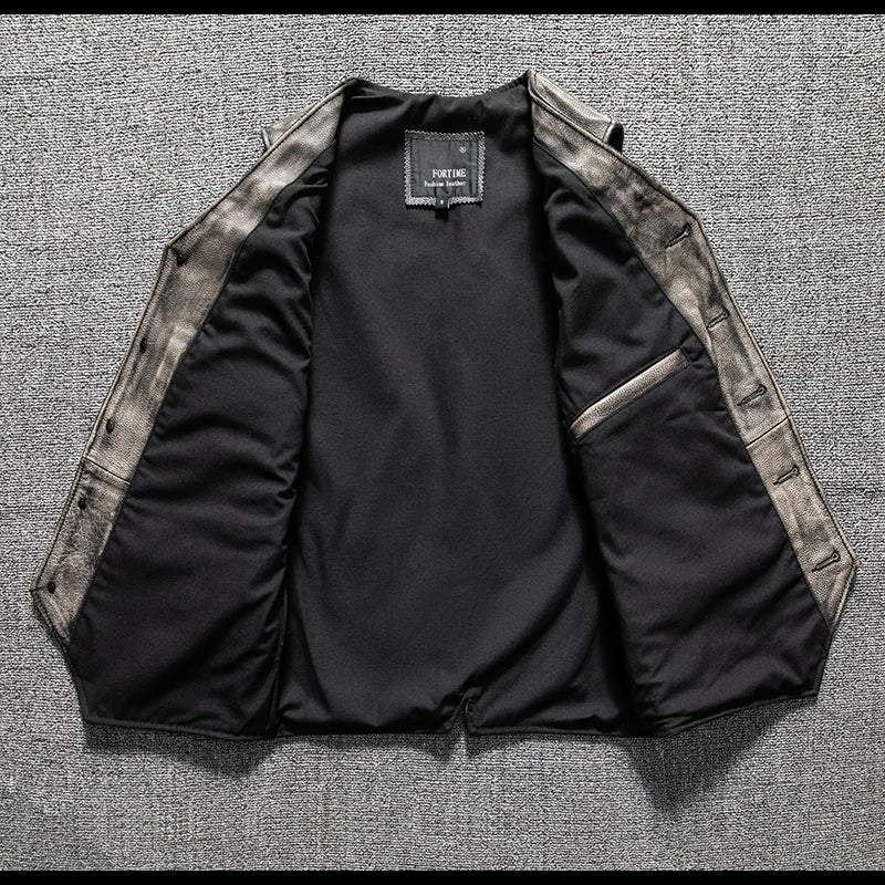 Retro Grey Four Seasons Leather Vest Men Vintage Style Plus Size 5XL Genuine Natural Cowhide Short Single Breasted Vest