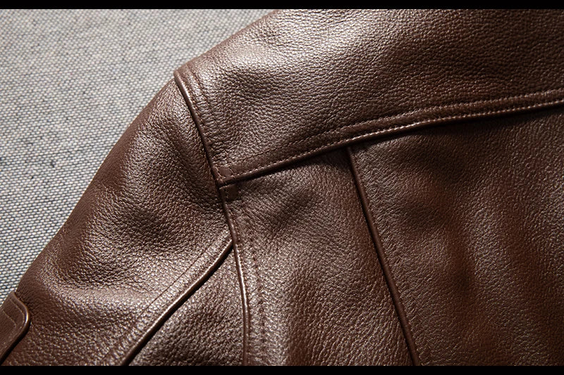Men's Brown Leather Jacket  Vintage Flight Jacket with Stand Collar, Military Style, Front Zipper, Sleeve Pocket, Ribbed Hem