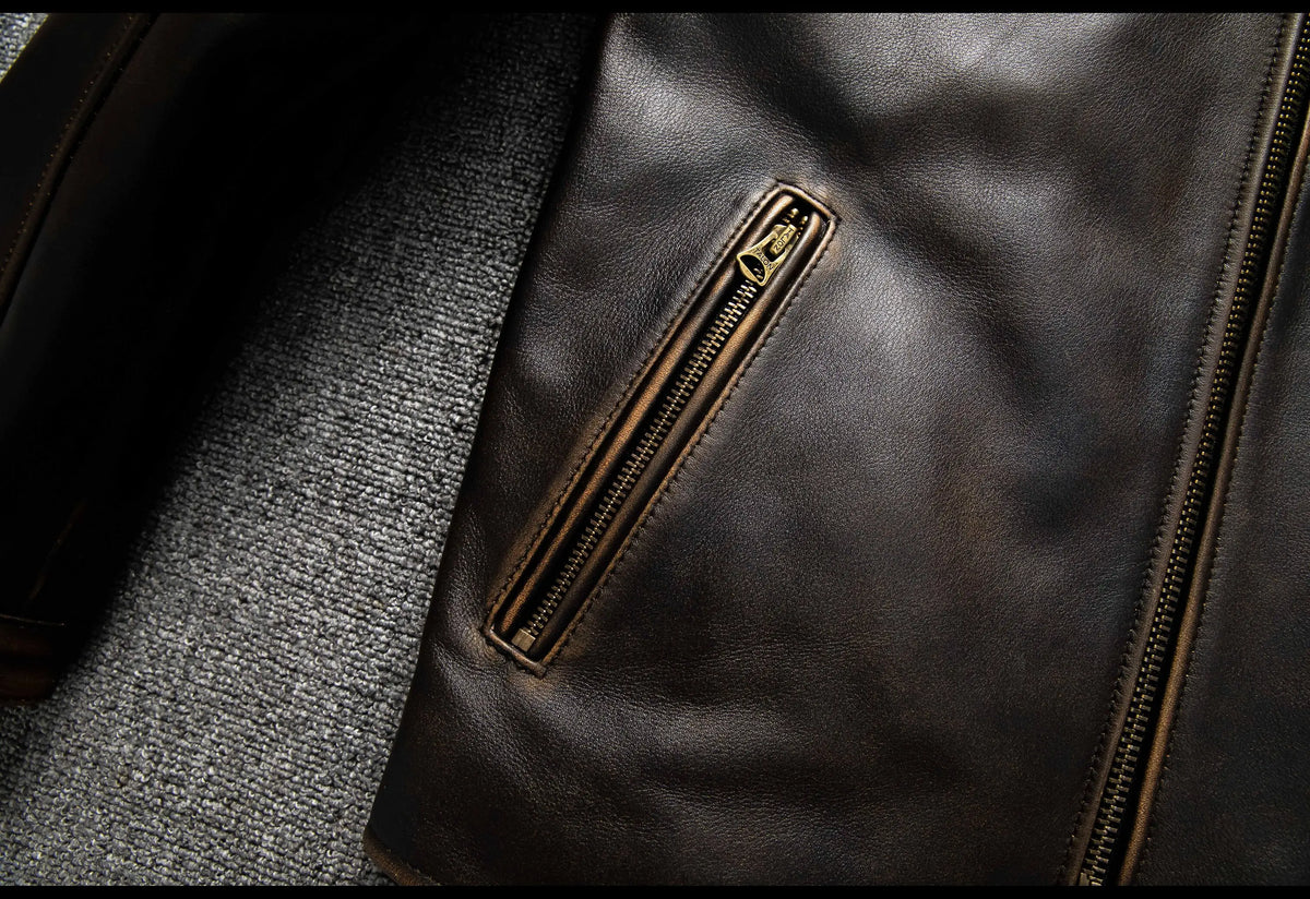 Dark Brown Autumn Leather Jacket Men Retro Style Plus Size 6XL Genuine Natural Cowhide Stand Collar J100 Motorcycle Sports Coat