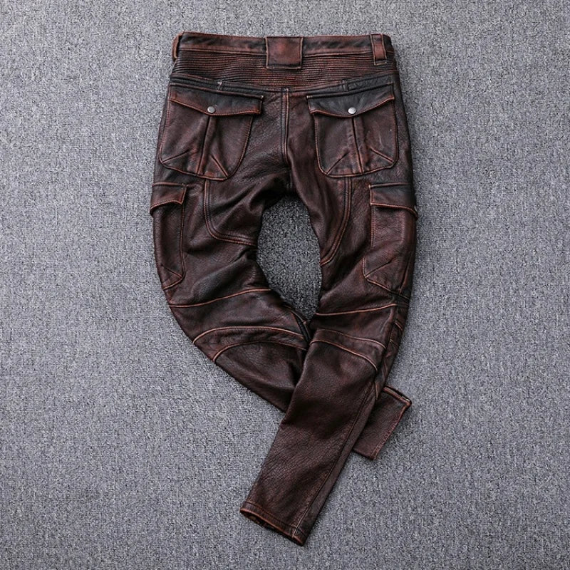 Black Winter Leather Trousers Men Vintage Style Plus Size 4XL Real Natural Thick Cowhide Add Protection Device Motorcycle Pants