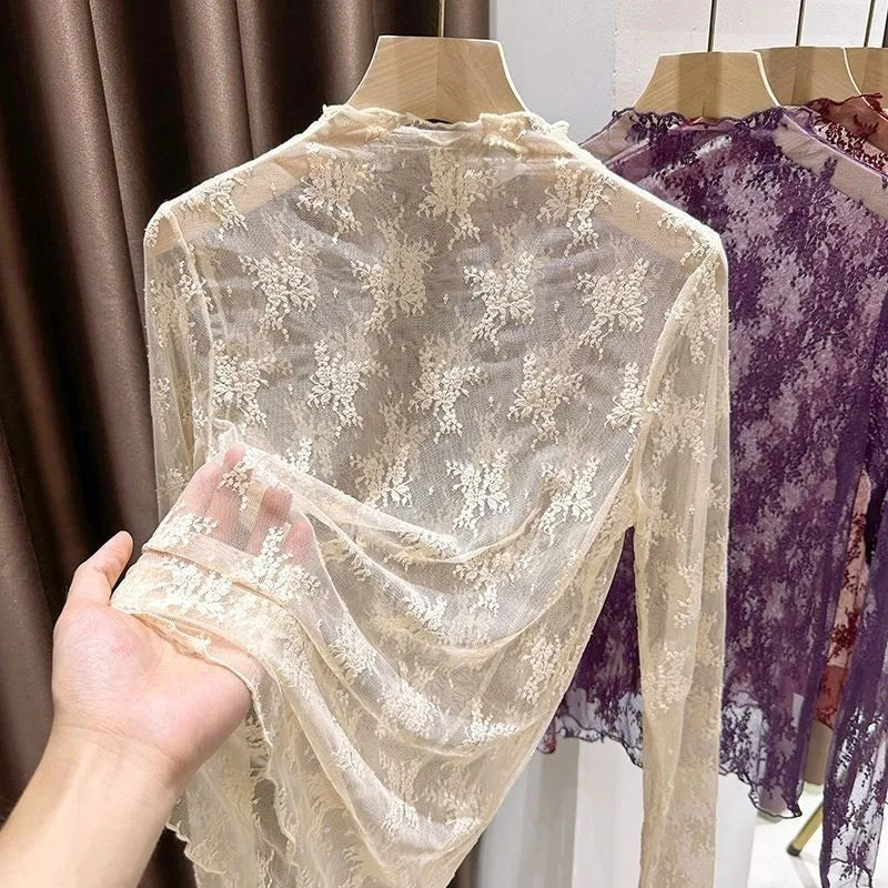 Elegant High Collar Lace Base Shirt Women's Inner Wear Hollow out Mesh Top Trendy Autumn New Style Stackable Collar