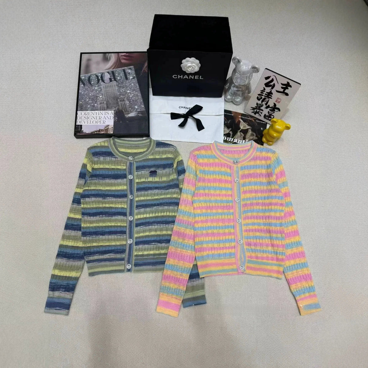 Colorful Striped Knitted Vest Hollow out Slimming U-Neck Summer Cardigan Fashionable Women's Clothing Breathable Ice Silk