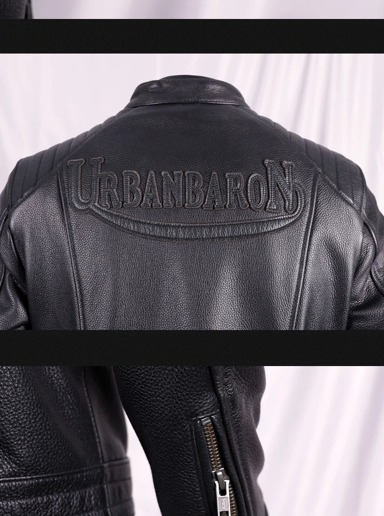 Black Autumn Leather Jacket Men Sports Style Plus Size 5XL Genuine Natural Cowhide Stand Collar Slim Fit Short Coat