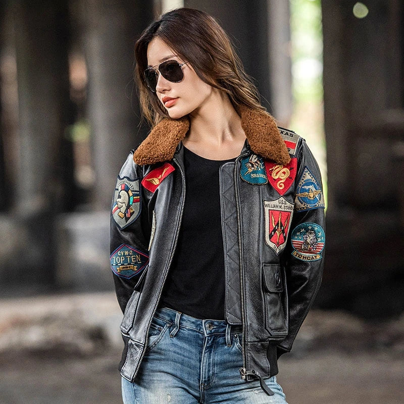 Women Winter Leather Jacket Military Style Genuine Natural Thick Cowhide Wool Turn-Down Collar Dark Brown G1 Flight Coat