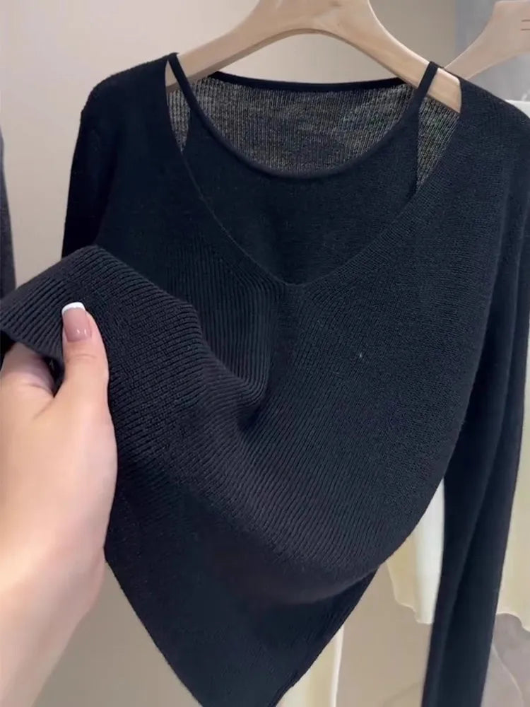 Ladies' Knitted Woolen Loose Fashionable Top Hollow out Fake Two-Piece Style Autumn New Arrival Comfortable Casual Korean Style