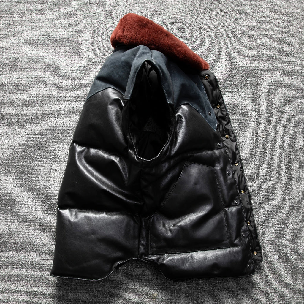 Black Blue Winter Vest Men Retro Style Plus Size 5XL Genuine Natural Sheepskin Wool Collar Single Breasted Spliced Down Vest