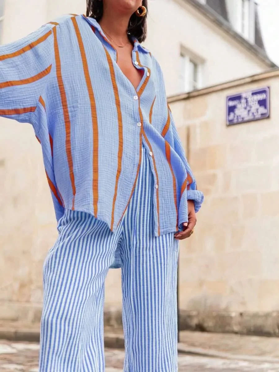 Women's Long Sleeve Button Cardigan Striped Shirt Slim Fit Polo Collar Full Length Autumn Winter New Style Cross Border Independ