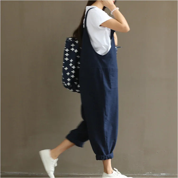 Artistic Vintage Deep Blues Cotton Strap Casual Trousers Women's 1701 European American Style