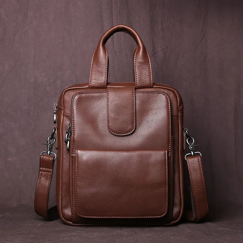 New Leather Men's Handbag Top Layer Cowhide Vertical Briefcase Retro Men's One-Shoulder Messenger Bag 12 Inch Ipad Bag NZPJ