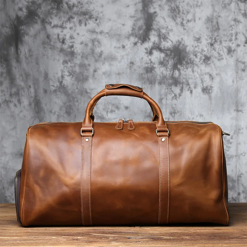 NZPJ Vintage Genuine Leather Men's Travel Bag Large Capacity Luggage Bag Crazy Horse Leather Handbag Natural Cowhide Crossbody