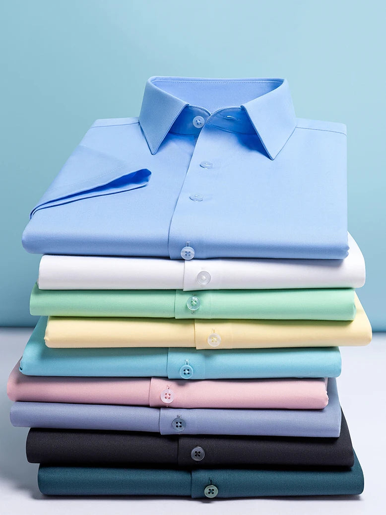 Iron-Free Ice Silk Modal Men's Business Style Slim Fit Short Sleeve Shirt Pure Color Breathable Comfortable Office Work Shirt