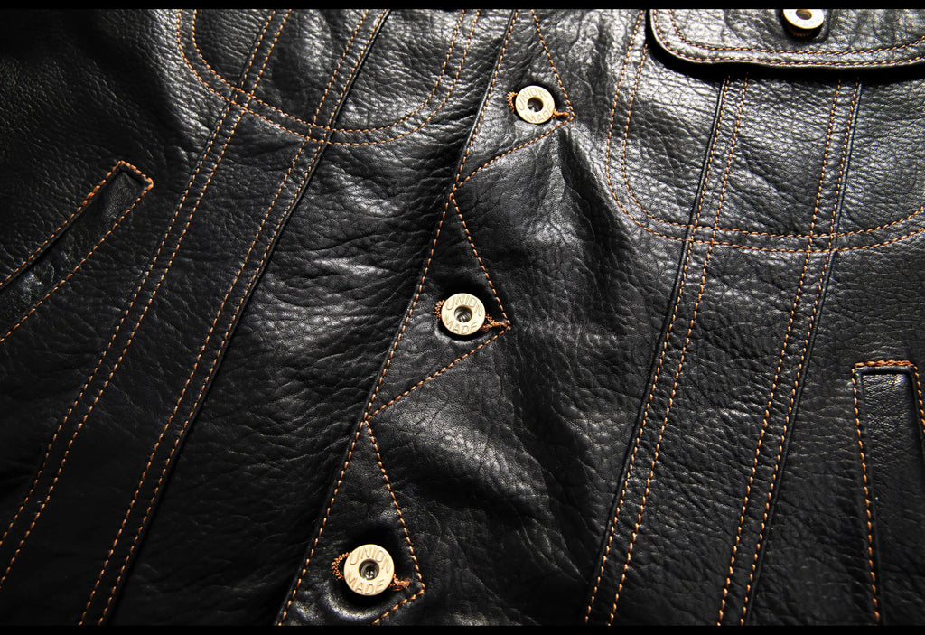 Men's Genuine Sheepskin Leather Trucker Jacket Black Type III Denim Cut Cream Contrast Stitch Brass Snap Short Casual Coat