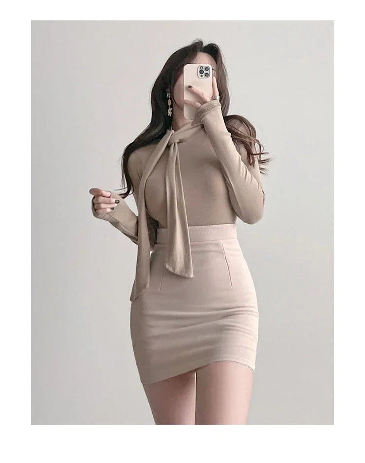 Korean Style Women's Long Sleeve T-Shirt Bow Design Halter Neck Slim Fit Comfortable Base Shirt Cotton Spring Summer Top