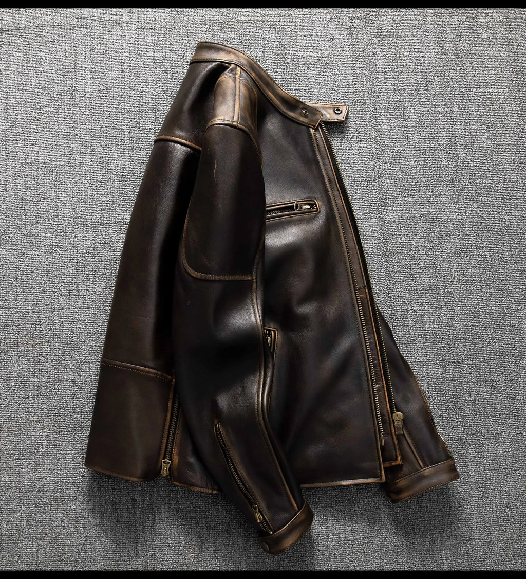 Dark Brown Autumn Leather Jacket Men Retro Style Plus Size 6XL Genuine Natural Cowhide Stand Collar J100 Motorcycle Sports Coat