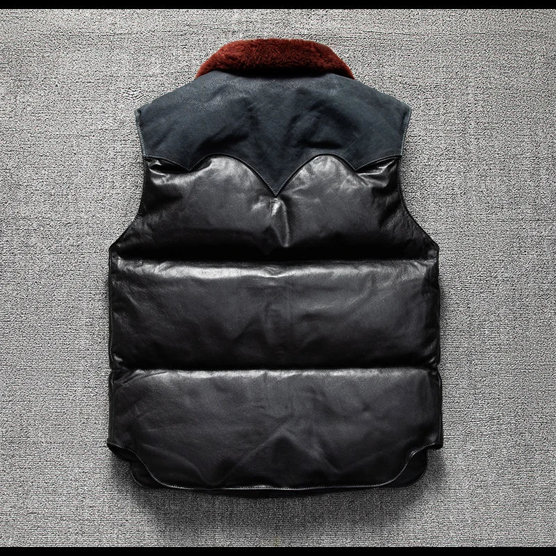 Black Blue Winter Vest Men Retro Style Plus Size 5XL Genuine Natural Sheepskin Wool Collar Single Breasted Spliced Down Vest