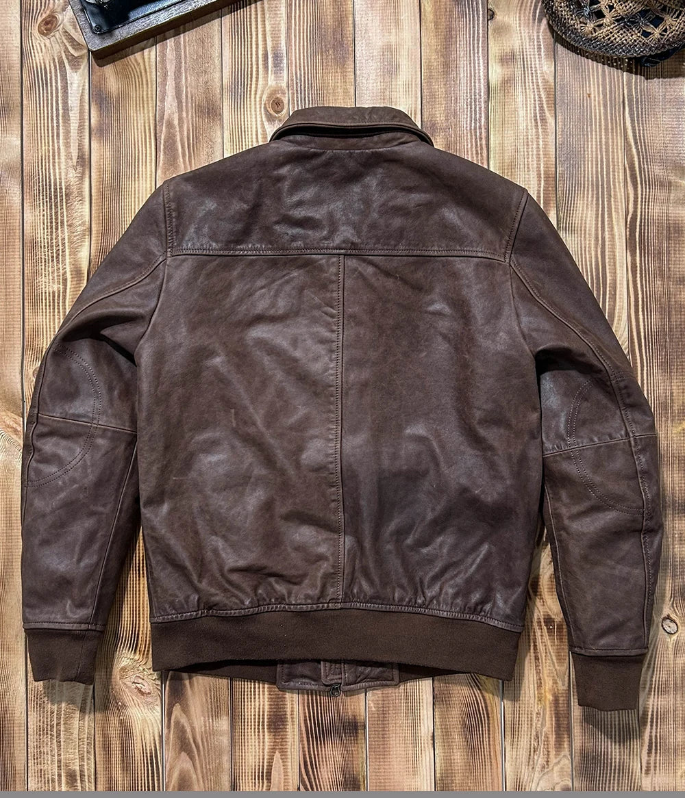 Dark Brown Winter Leather Jacket Men Vintage Style Plus Size 5XL Genuine Natural Cowhide Turn-Down Collar Retro A2 Flight Coat