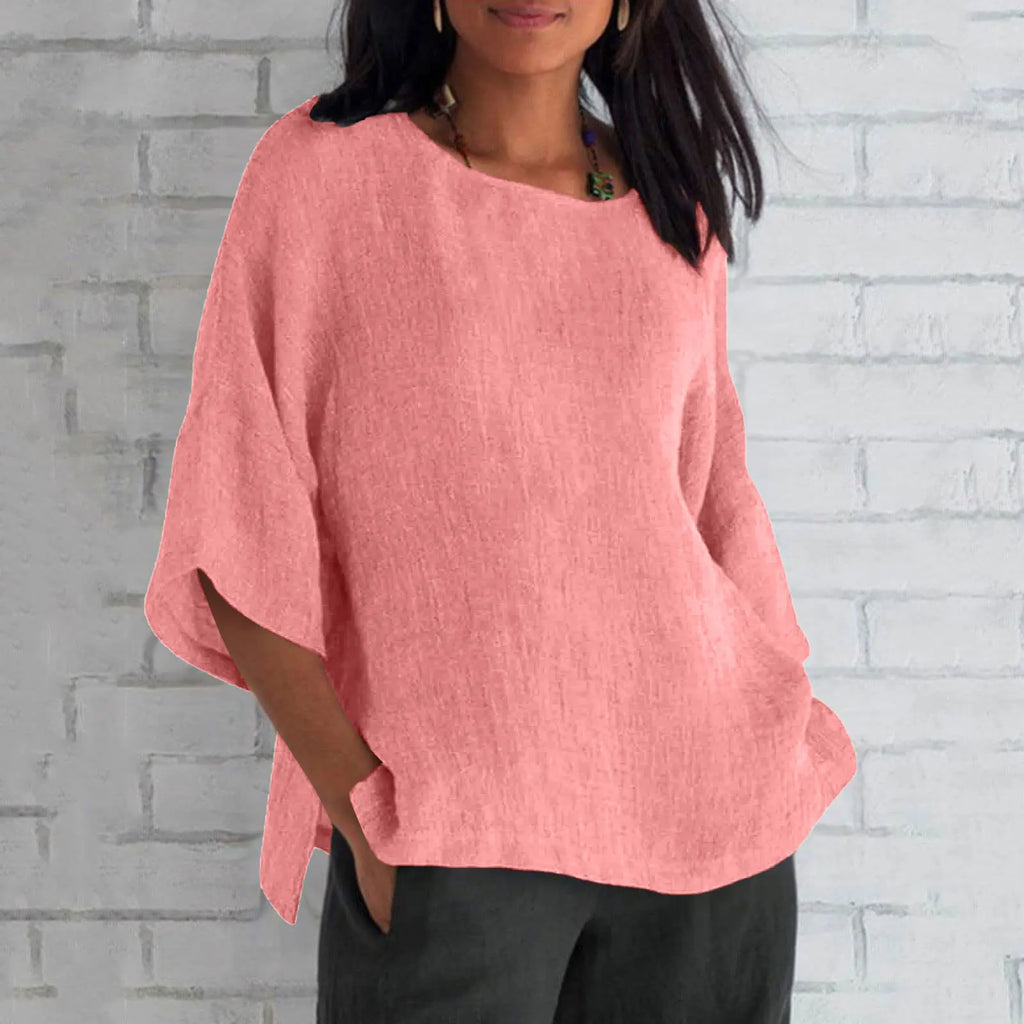 Hot Sale Of The Seasonwish Eaby Women's Cotton Linen Shirt round Neck Short Sleeve 25 Colors Casual Loose Fit Street Style Su...