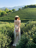 Elegant Lace Backless Strap Dress Women's Gentle Vacation Style Long Dress Sexy Beach Holiday Dress Polyester Fabric High Wai...