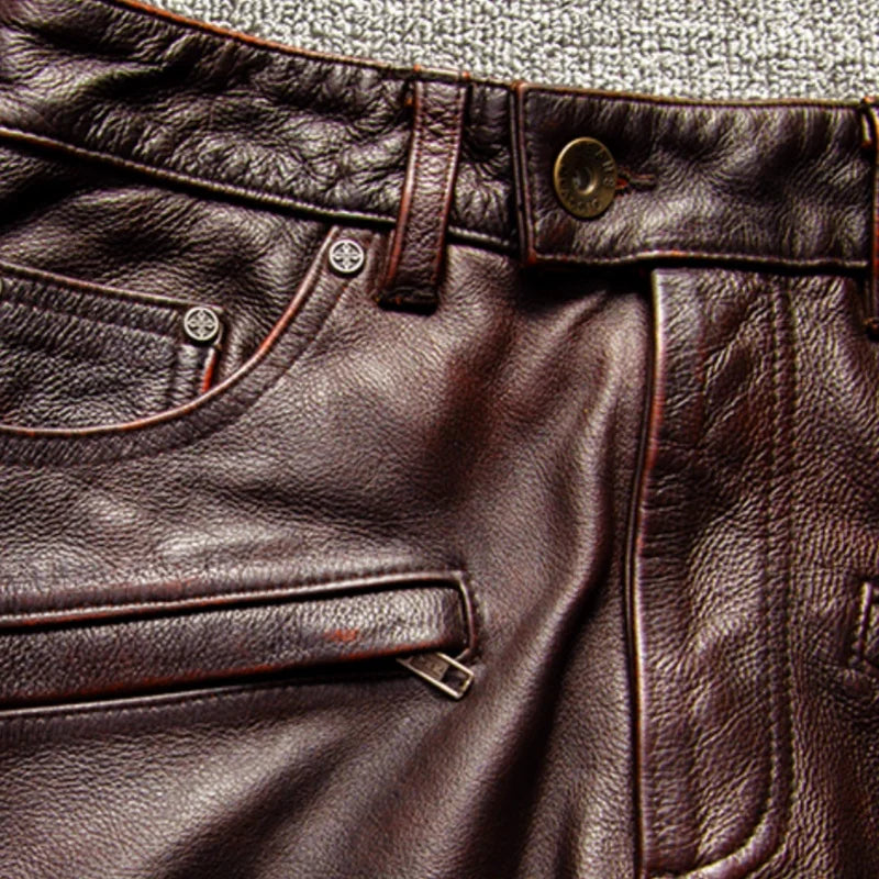 Red Brown Winter Leather Trousers Men Retro Vintage Style Plus Size 5XL Genuine Natural Cowhide Motorcycle Leather Pants