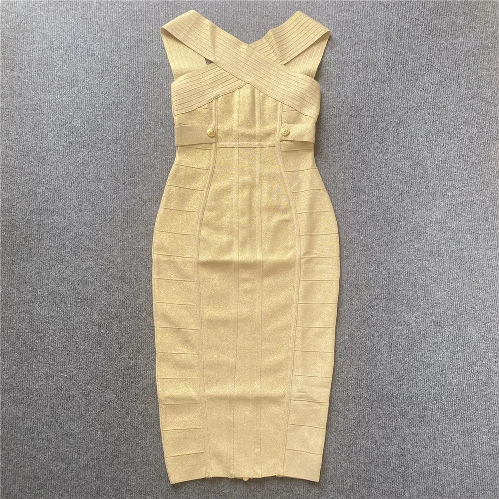 Sexy Off-Shoulder Gold Silk Silver Edge Dress 23European Women's Clothing Sleeveless Prom Night Gown Middle Skirt
