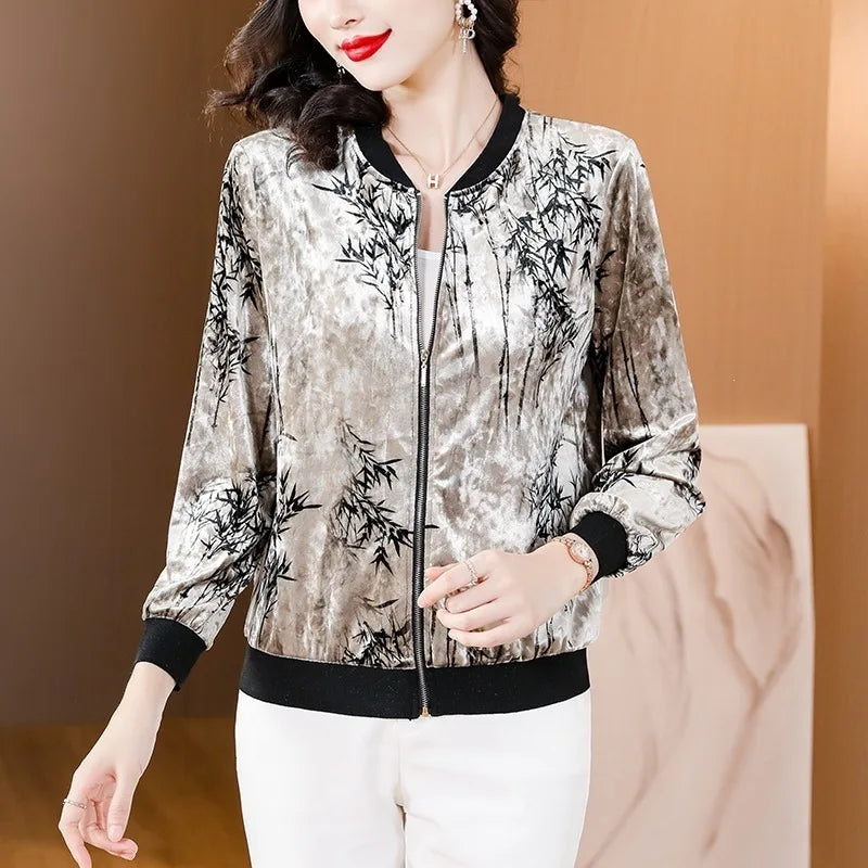 Gold Velvet Short Sleeveless Jacket Women's 2026 Spring Autumn Floral Print Thin Long Sleeve Baseball Style Casual Comfortable