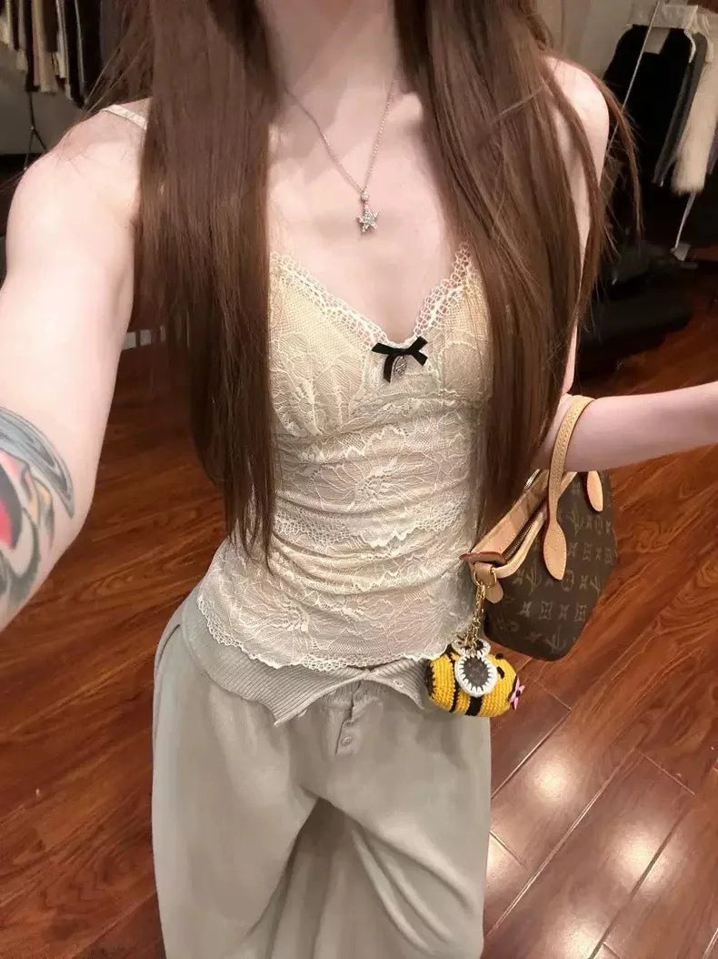 Lace Camisole Tank Top Women's Inner Wear Slimming Sexy Cotton Blend Pure Color Spring Summer Autumn Winter Seasonal Use
