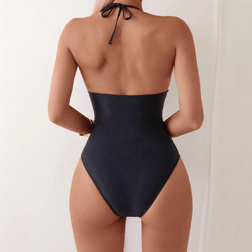 2025 New Pure Color Mesh Bikini Double Strap Hanging Neck Strap One Piece Swimming Suit Women's Adult Solid Color Nylon Fabric
