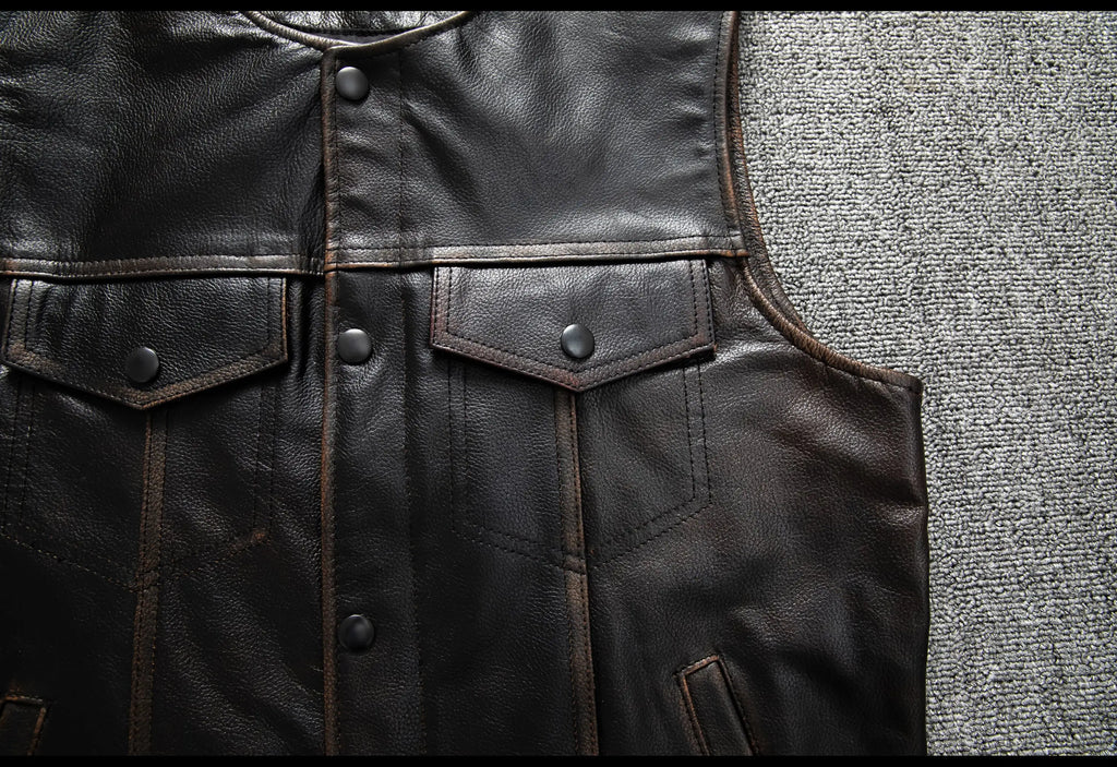 Red Brown Spring Leather Vest Men Retro Style Plus Size 6XL Genuine Natural Cowhide O-Neck Collar Slim Fit Short Sleeveless Coat