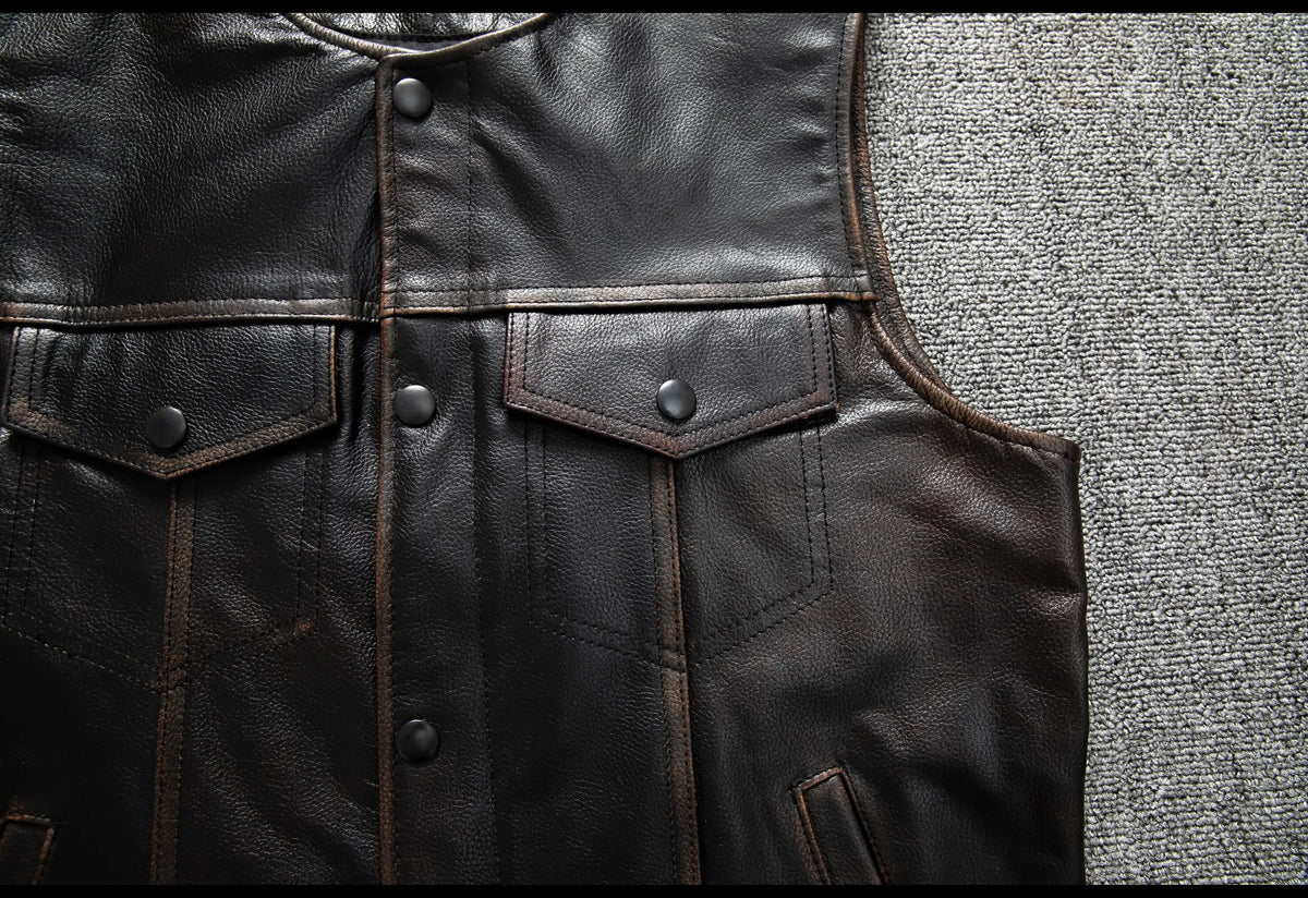 Red Brown Spring Leather Vest Men Retro Style Plus Size 6XL Genuine Natural Cowhide O-Neck Collar Slim Fit Short Sleeveless Coat