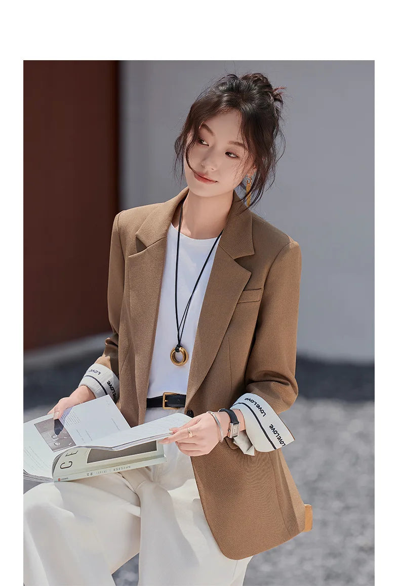 Café Brown Women's Casual Fashionable Suit Jacket Elegant Atmosphere Spring Autumn Season Polyester Spandex Commute Style