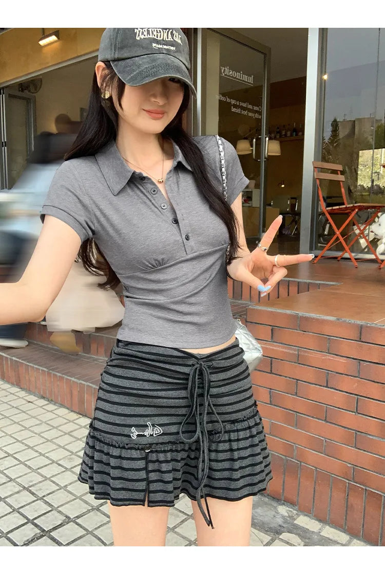 American Style Collared Short Sleeve T-Shirt Women Summer Slim Fit Flattering Short Length Fashionable Casual Commute Wear