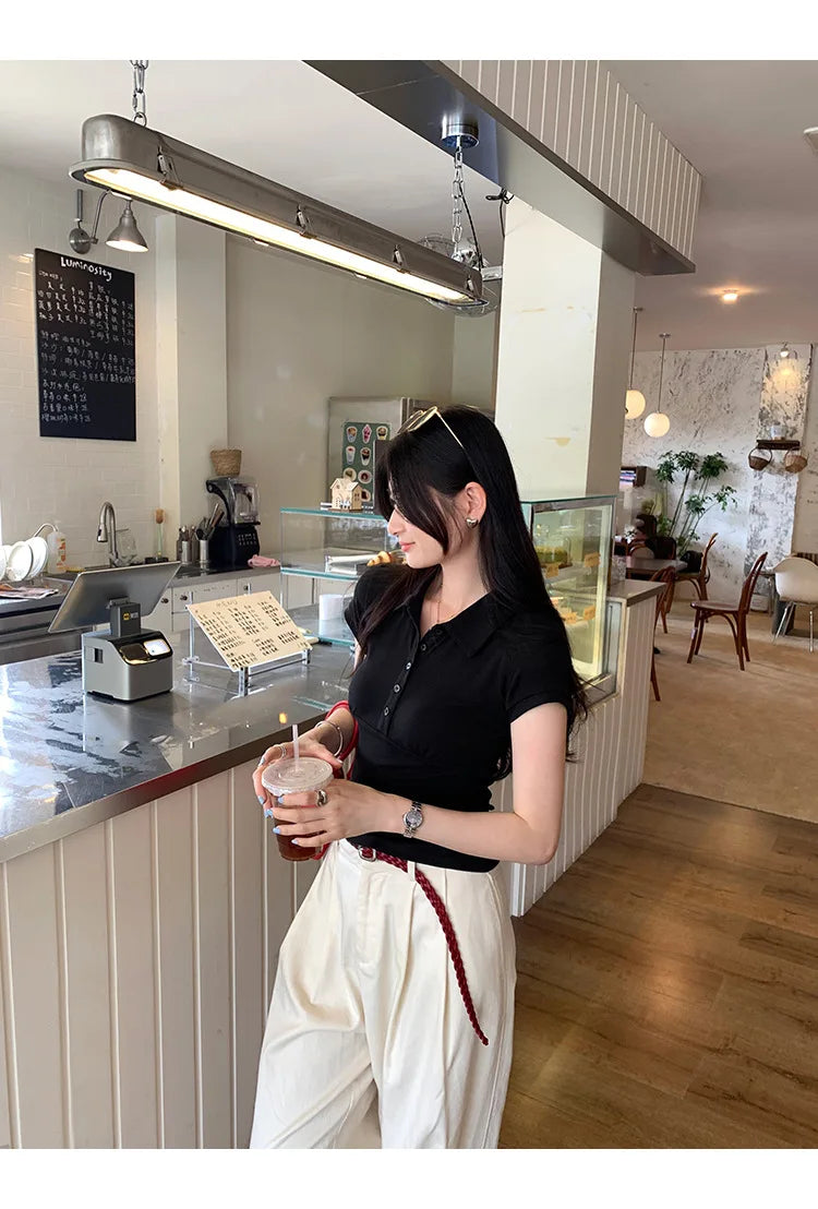 American Style Collared Short Sleeve T-Shirt Women Summer Slim Fit Flattering Short Length Fashionable Casual Commute Wear