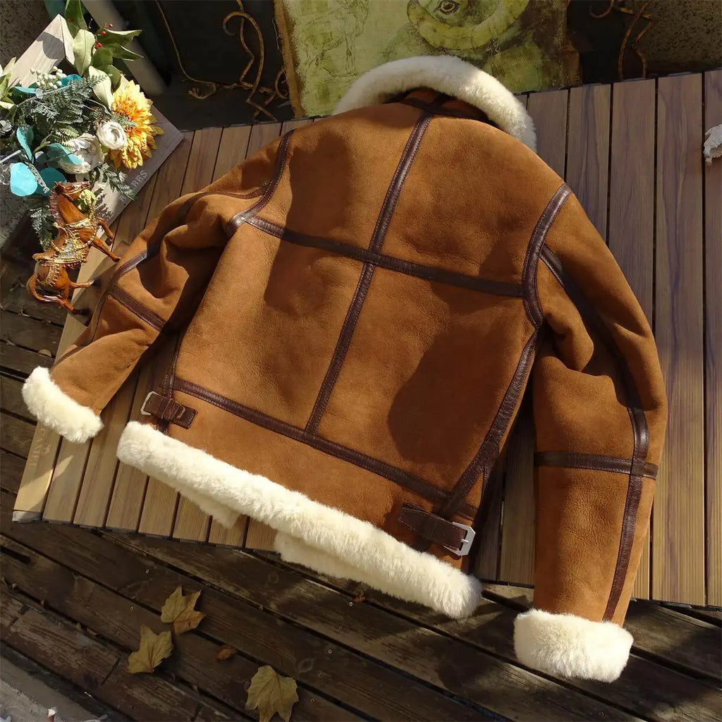 Brown Winter Shearling Jacket Men Military Style Plus Size 4XL Genuine Natural Thick Sheepskin Turn-Down Collar Flight Coat