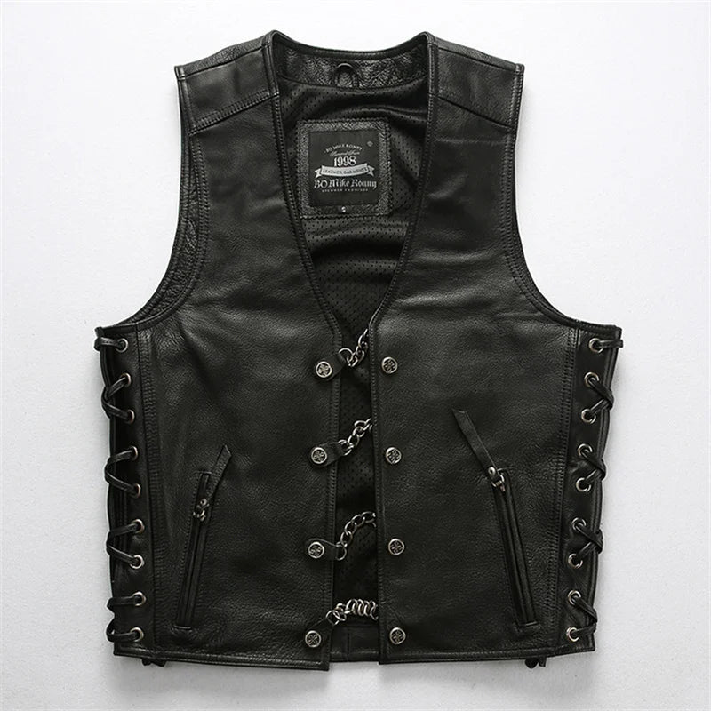 Black Spring Leather Vest Men Sports Style Plus Size 4XL Genuine Natural Cowhide Single Breasted Short Vest